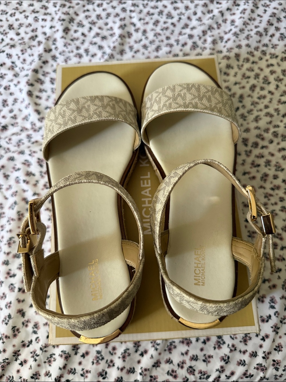 Michael Kors Beige Logo Strap Ankle Buckle Sandals